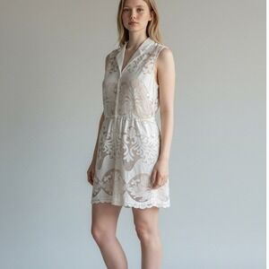 Greylin White Lace‎ Sleeveless Button Front Mini Dress Tan Lining Womens Large
